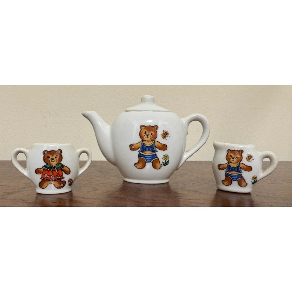 Vintage 1980s Miniature Porcelain Teddy Bears in Bathing Suits Tea Set Japan 19p